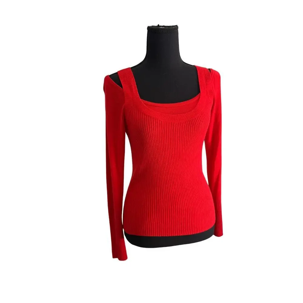 Anthropologie Jamie Red Cold Shoulder Ribbed Knit Sweater Women’s XS